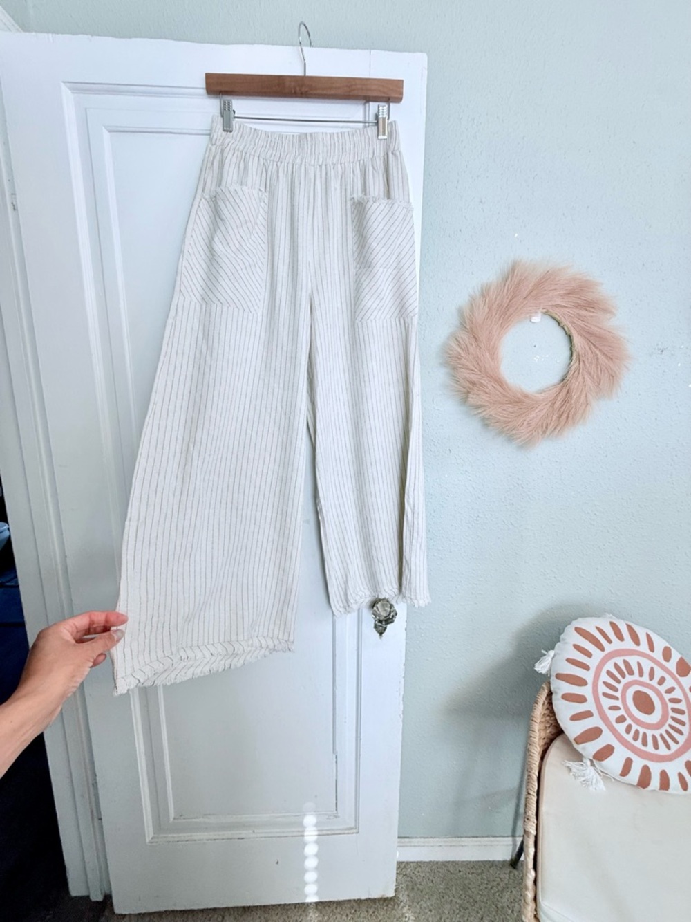 Lightweight Cream Pinstripe Wide-Leg Pants